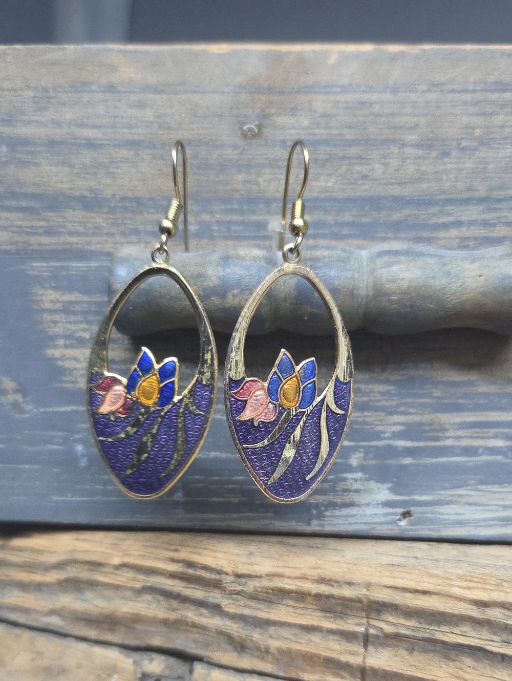 Vintage Cloisonné Enamel Open Oval Floral Drop Earrings - Purple & Blue